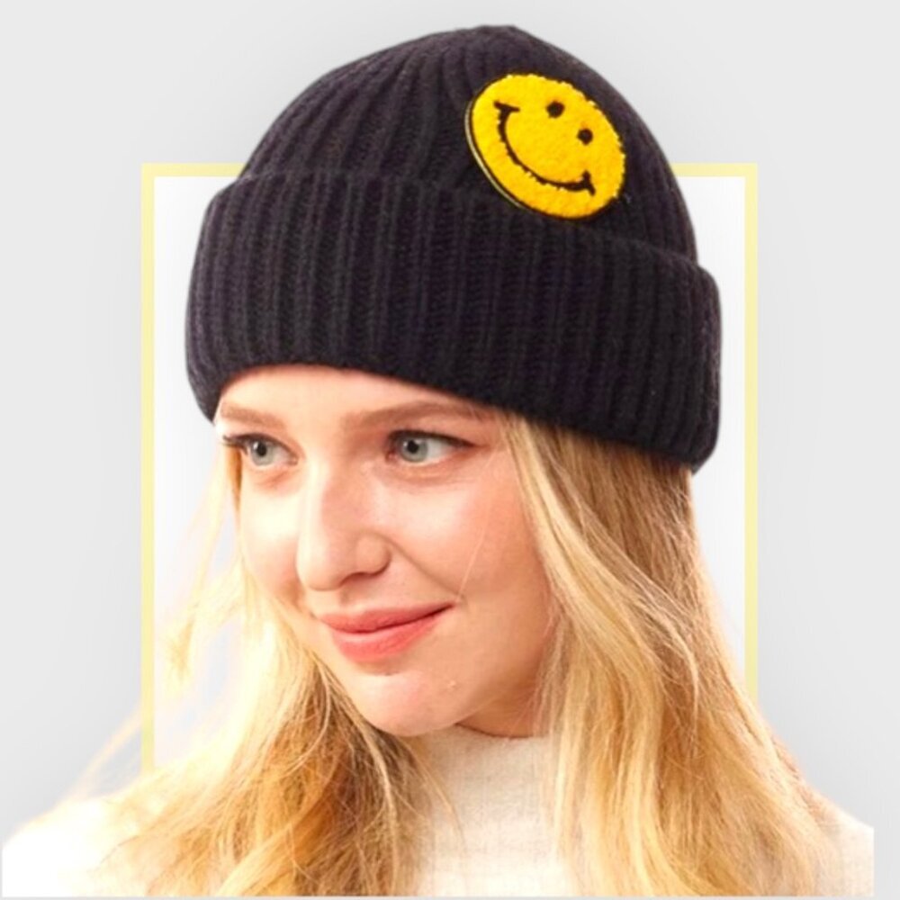 Urban Outfitters Brown Knit Beanie with Yellow Smiley Patch